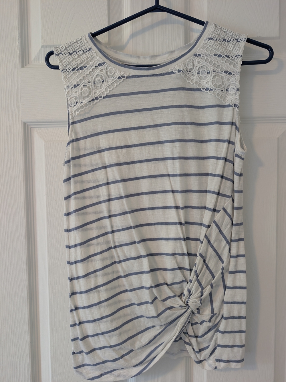 LOFT White and Light Blue Striped Lace Shoulder Tank